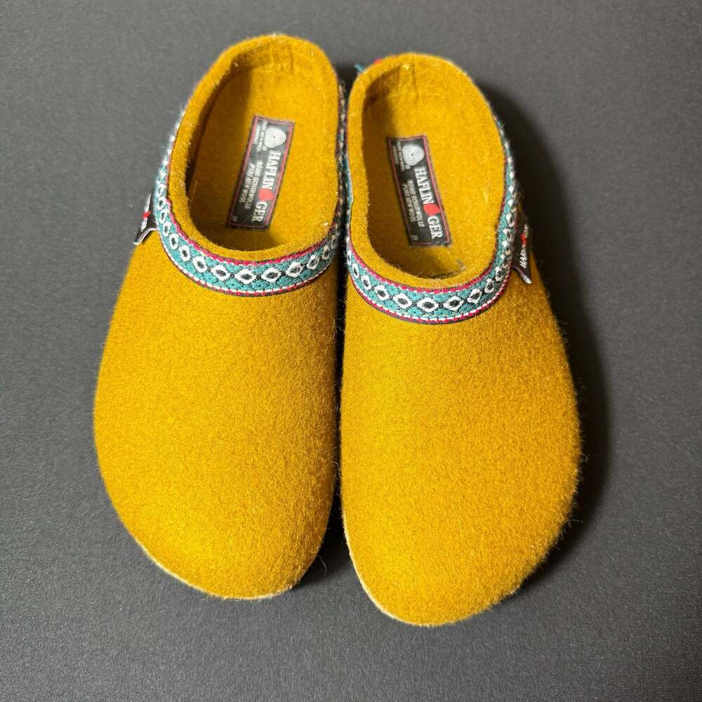 Haflinger Grizzly Franzl Yellow Wool Felt Clogs with Bavarian Trim